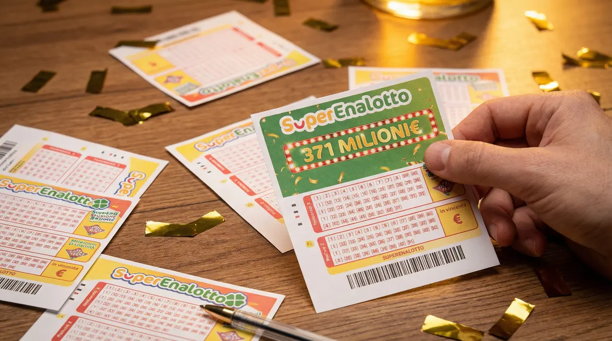 Una mano tiene in primo piano un biglietto del Superenalotto con la cifra vincente.